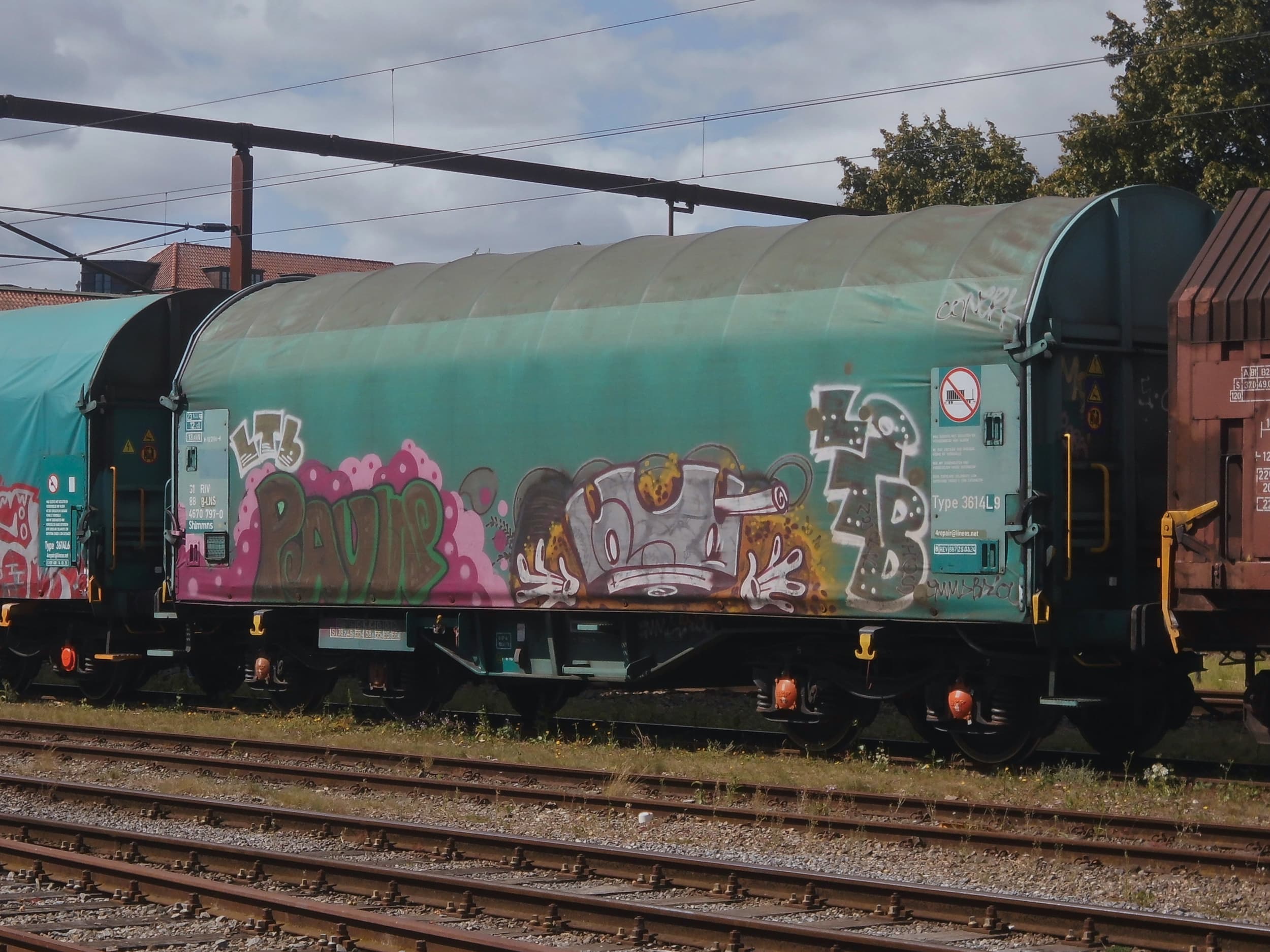 Ein Güterzug bemalt mit Graffiti